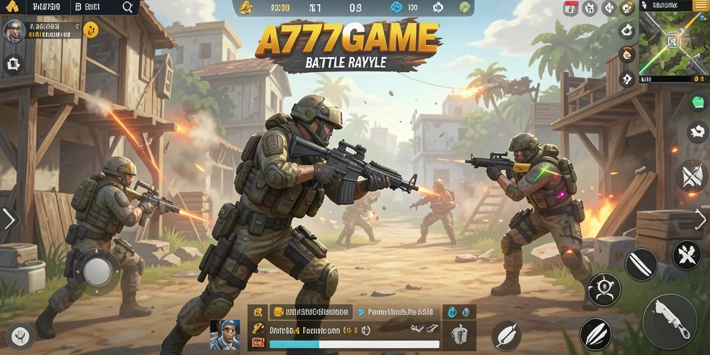 Tangkapan layar A777GAME menampilkan adu tembak intens dalam mode Battle Royale.