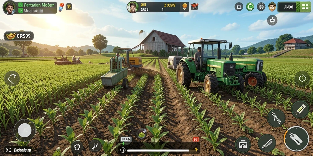 Tampilan gameplay menarik dengan kebun dan ternak yang beragam.
