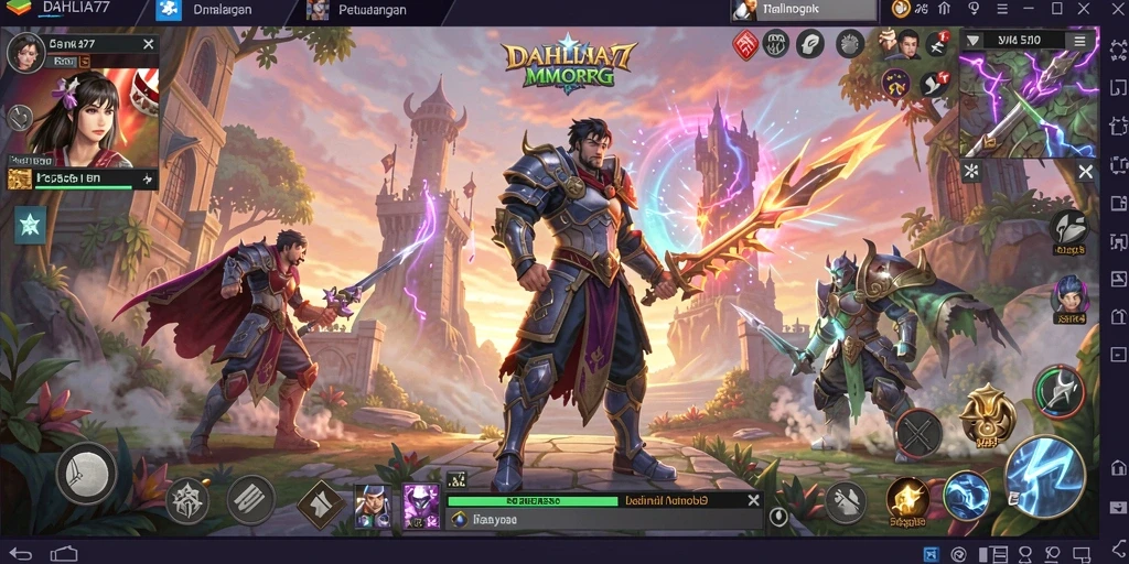 Screenshot gameplay DAHLIA77 menampilkan pertempuran epik di dunia fantasi.