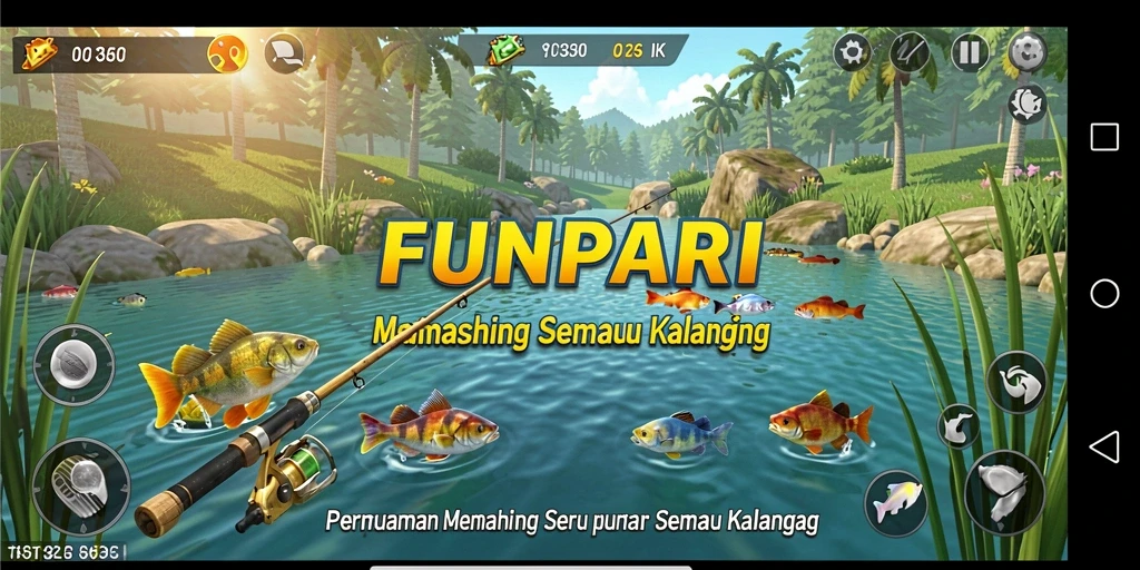 Tampilan gameplay seru di FUNPARI dengan berbagai jenis ikan.