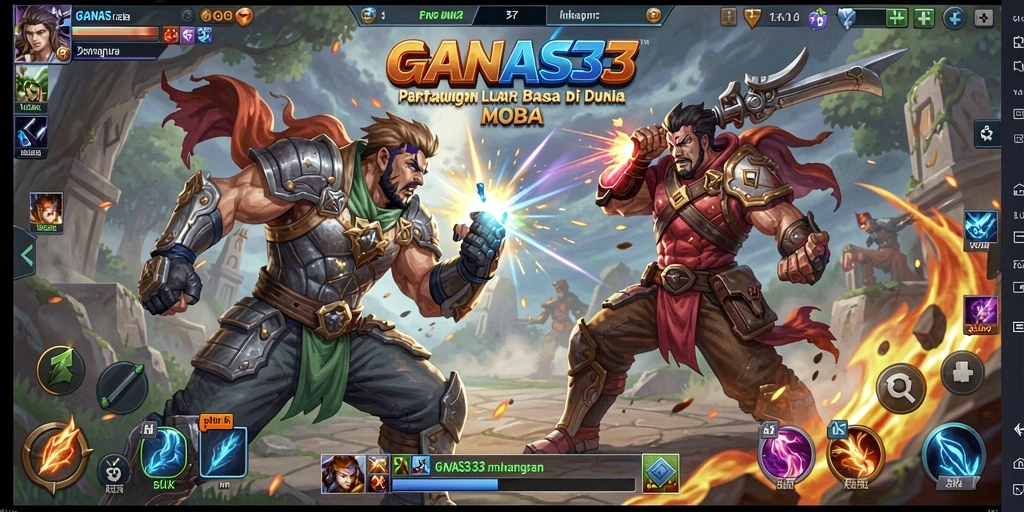 Screenshot GANAS33 menampilkan pertarungan dinamis antar karakter MOBA.
