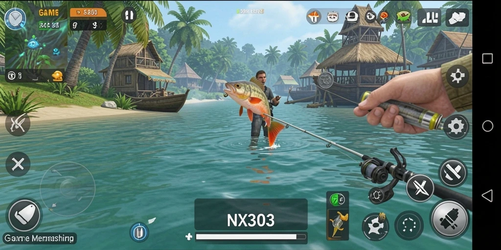 Tampilan gameplay NX303 yang menggambarkan keseruan memancing.