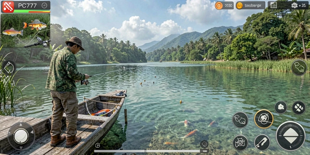 Gameplay PC777 yang seru dan menantang dalam suasana memancing yang indah.