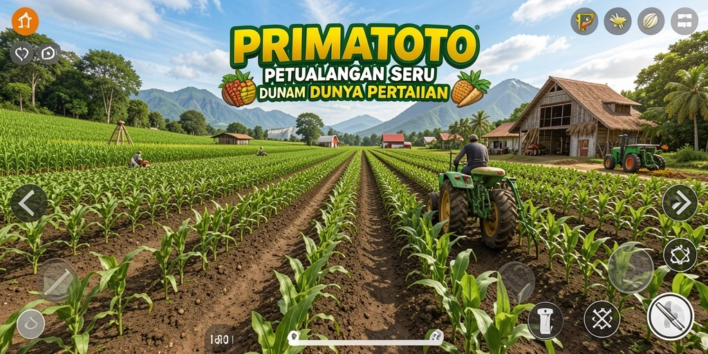 Screenshot gameplay PRIMATOTO dengan pertanian yang subur dan aktivitas seru.