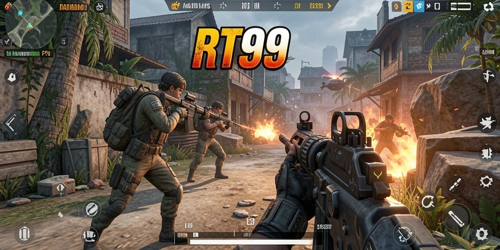 Screenshot utama RT99 menampilkan aksi intens dalam pertempuran FPS yang mendebarkan.