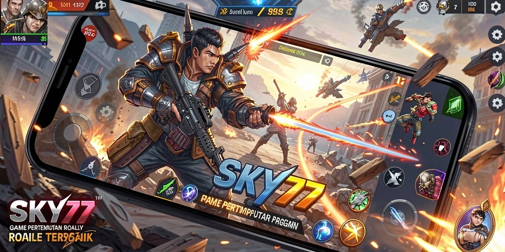 Tampilan gameplay <strong>SKY77</strong> dengan aksi pertempuran intens di arena.