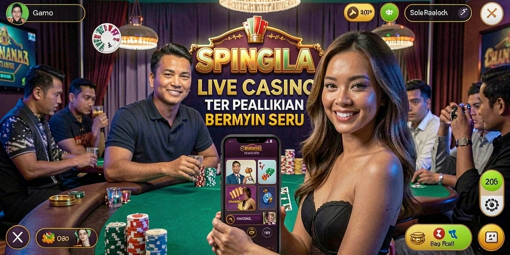 Tampilan menarik dari SPINGILA yang menampilkan dealer dan permainan Live Casino.