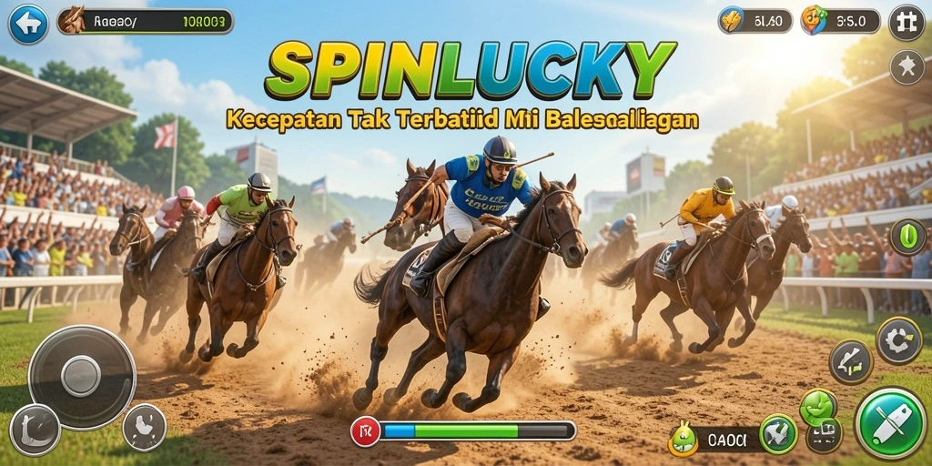 Gameplay Racing SPINLUCKY dengan mobil balap beraksi di trek.